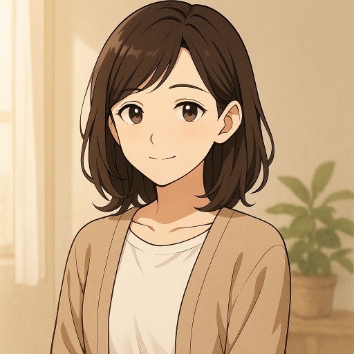 朝のやわらかな自然光に包まれて穏やかに微笑む日本人女性のアニメイラスト。 肩までの黒髪ストレートで、白いシャツとベージュのカーディガンを着用。 背景には柔らかな光とグリーンのボケ感があり、優しさと信頼感を感じさせる雰囲気。
